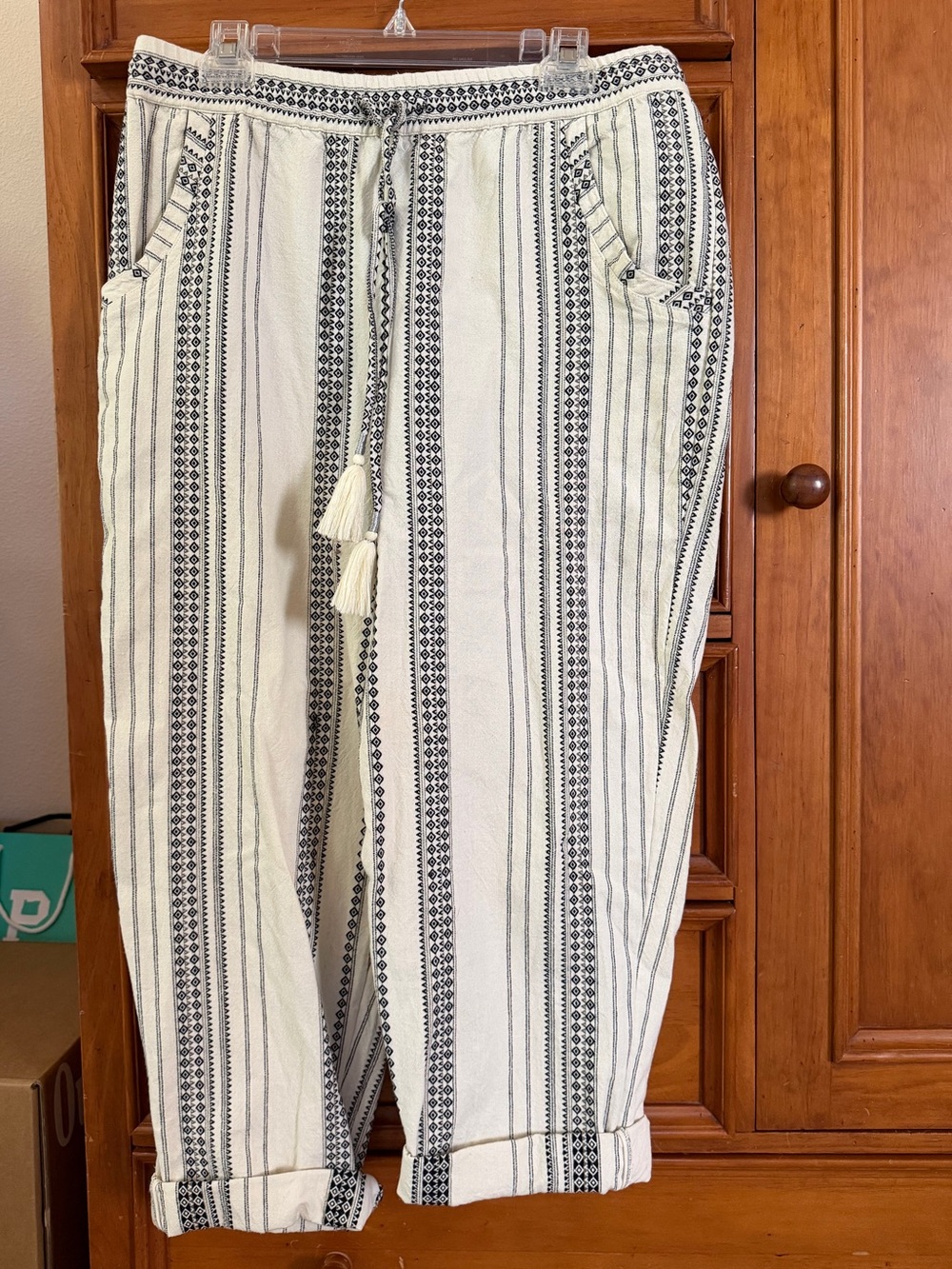 Anthropologie Women’s Drawstring Stripe Pants - Cream & Black